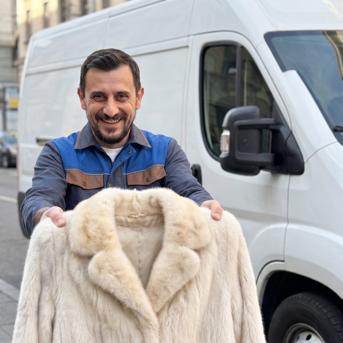 Курьер со светлой шубой возле автомобиля